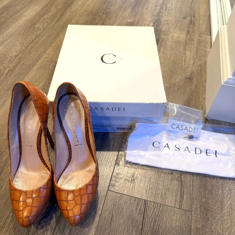 Casadei Croc-Embossed Leather Platform Pumps – Size 38 – With Box & Dust Bag